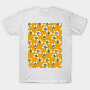 Yellow and white orchids on  orange T-Shirt